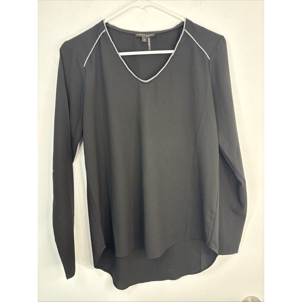 Alberto Makali Popover Blouse Black Silver Trim High Low Beautifully Made Top S